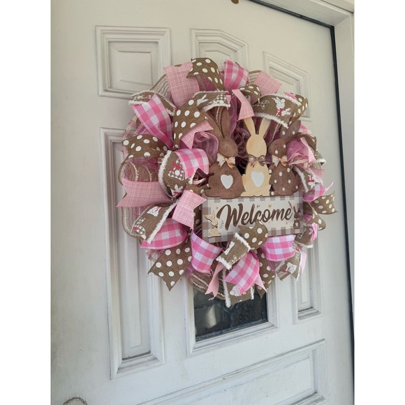 Beige Pink Welcome Easter Bunny Rabbit Mesh Ribbon Spring Wreath Door Hanger - Picture 5 of 7
